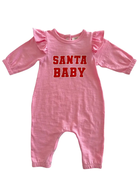 Santa Baby Pink / Organic Long Sleeve Ruffle Jumpsuit: 2Y