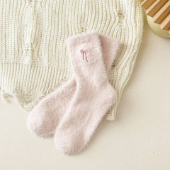 Winter Bow Embroidered Thick Plush Crew Socks DP25G601: Ivory / One Size