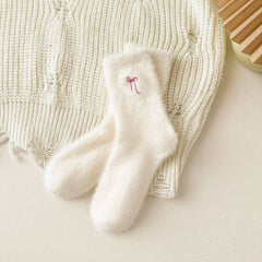 Winter Bow Embroidered Thick Plush Crew Socks DP25G601: White / One Size