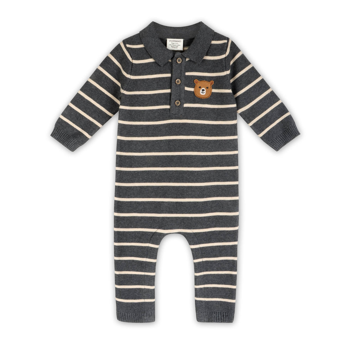 Bear Face Stripe & Collar Knit Baby Jumpsuit (Organic) : Charcoal / 6-12M