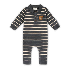 Bear Face Stripe & Collar Knit Baby Jumpsuit (Organic) : Charcoal / 3-6M