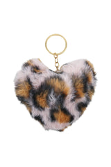Assorted Leopard Patterned Heart Faux Fur Pom Pom Key Chain: ASSORTED / ONE SIZE
