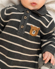 Bear Face Stripe & Collar Knit Baby Jumpsuit (Organic) : Charcoal / 12-18M