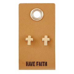 Leather Tag Earrings - Cross "Have Faith"