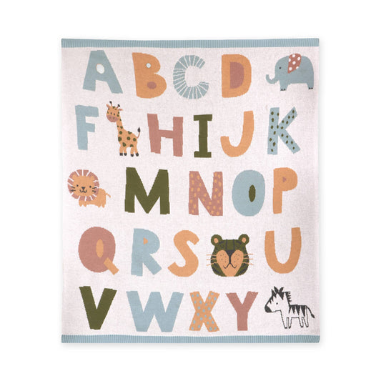Alphabet Blue - Organic Jacquard Sweater Knit Baby Blanket: Natural/Blue / One Size