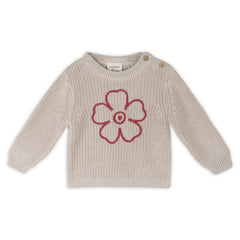 Hippie Flower Embroidered Chunky Knit Baby Sweater - Organic: Stone / 3-6M