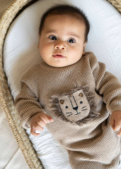 Lion Applique Chunky Sweater Knit Baby Jumpsuit (Organic): Oat Heather / 0-3M