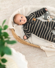 Bear Face Stripe & Collar Knit Baby Jumpsuit (Organic) : Charcoal / 0-3M