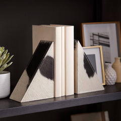 Bookends Set of 2 - White/Black Cowhide Print, 7 in.