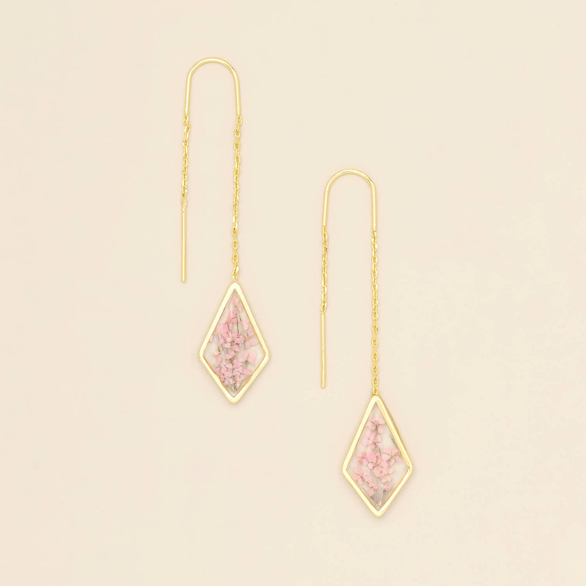 Pressed Flower Thread Earring - Pink Lace Flower/Gold