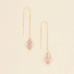 Pressed Flower Thread Earring - Pink Lace Flower/Gold