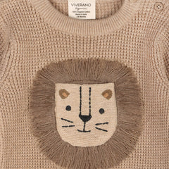 Lion Applique Chunky Sweater Knit Baby Jumpsuit (Organic): Oat Heather / 0-3M
