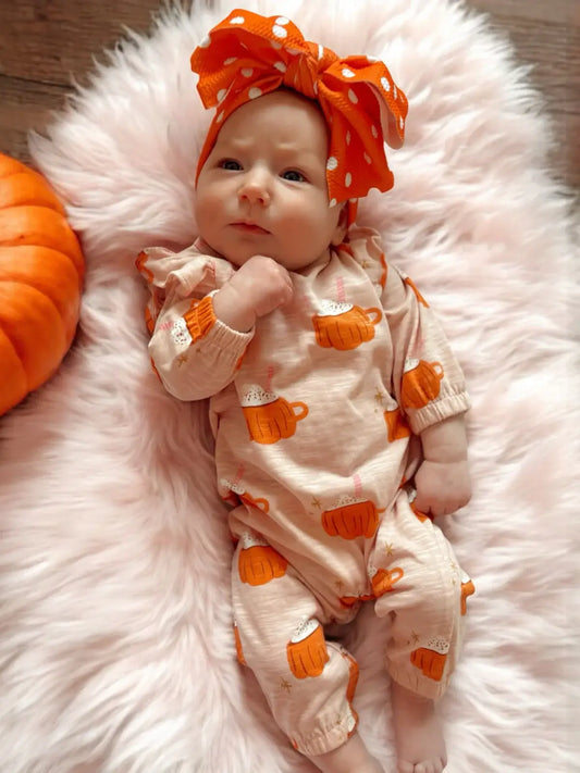 Pumpkin Mug Pink / Organic Long Sleeve Ruffle Jumpsuit: 18-24M