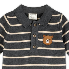 Bear Face Stripe & Collar Knit Baby Jumpsuit (Organic) : Charcoal / 3-6M