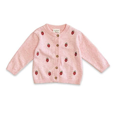Strawberry Embroidered Knit Baby Cardigan (Organic Cotton): Pink Heather / 3-6M
