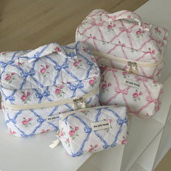 Bow Print Soft Make Up Bag: Blue: Medium