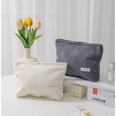 Solid Color Corduroy Cosmetic Bag: Grey