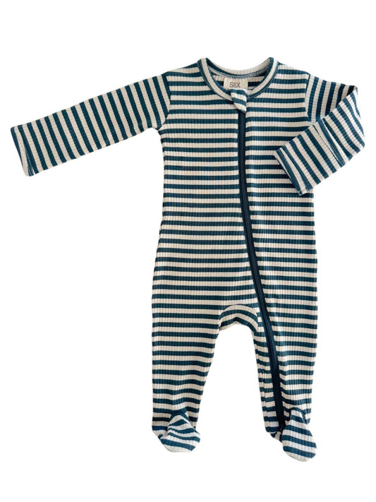 Steel Blue Stripe / Organic Ribbed Zip Footie: 3-6M