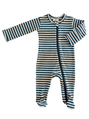 Steel Blue Stripe / Organic Ribbed Zip Footie: 3-6M