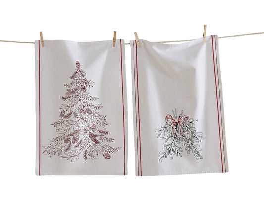 Christmas Mistletoe Tree Dishtowel Asst of 2 - White