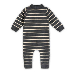 Bear Face Stripe & Collar Knit Baby Jumpsuit (Organic) : Charcoal / 0-3M
