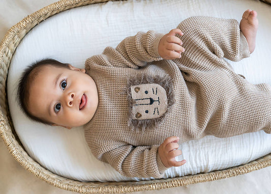 Lion Applique Chunky Sweater Knit Baby Jumpsuit (Organic): Oat Heather / 0-3M