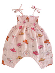 Western Pink / Muslin Smocked Jumpsuit: 3-6M