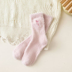 Winter Bow Embroidered Thick Plush Crew Socks DP25G601: Ivory / One Size