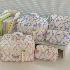 Bow Print Soft zipper Lid Make Up Bag: Pink / Large