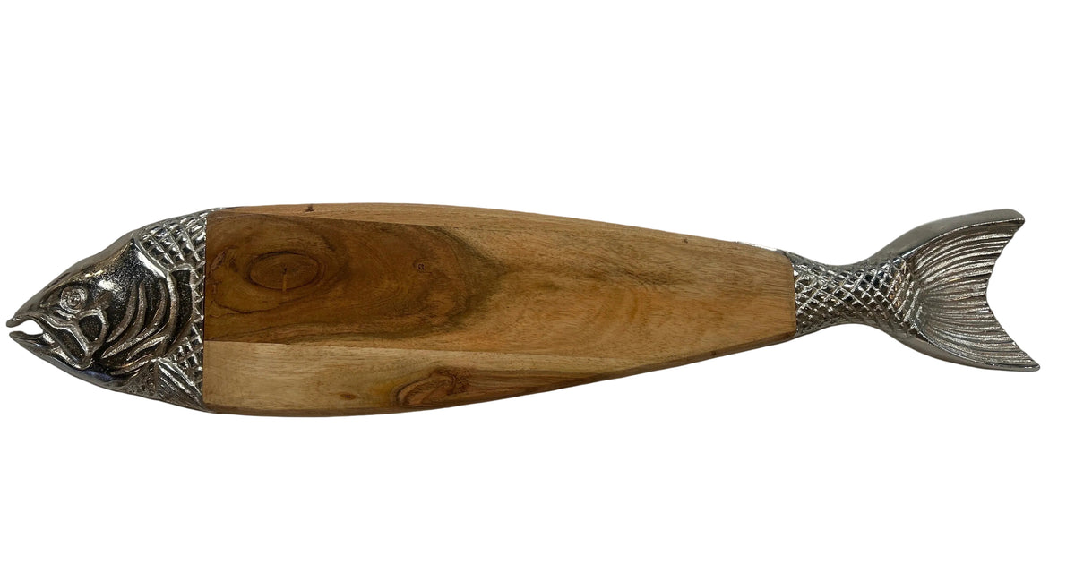 Acacia Wood & Aluminum Fish Shaped Serving Board