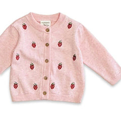 Strawberry Embroidered Knit Baby Cardigan (Organic Cotton): Pink Heather / 6-12M