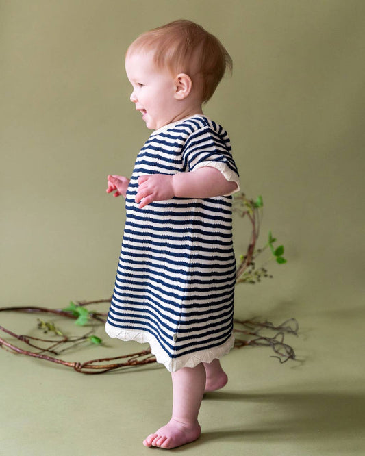 Pointelle & Navy Stripe Knit Tunic Dress & Bloomer (Organic): Natural/ Navy Combo / 12-18M