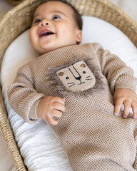 Lion Applique Chunky Sweater Knit Baby Jumpsuit (Organic): Oat Heather / 0-3M