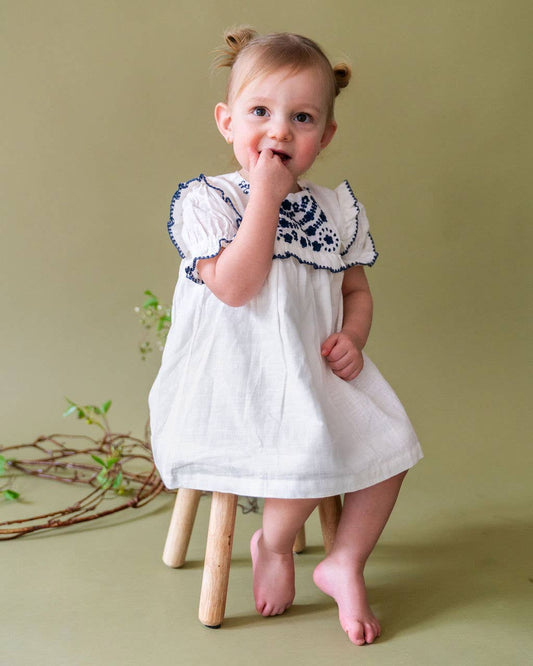 Cadence Floral Embroidered Baby Dress + Bloomer (Organic): Coconut Milk / 6-12M