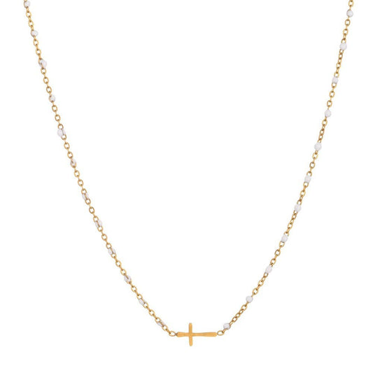 18K Stainless Steel Dainty Beaded Cross Necklace | White