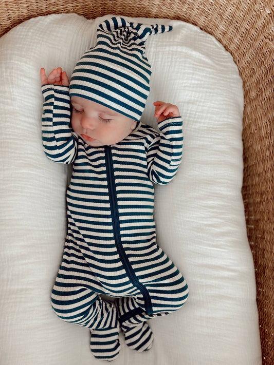 Steel Blue Stripe / Organic Ribbed Zip Footie: 3-6M