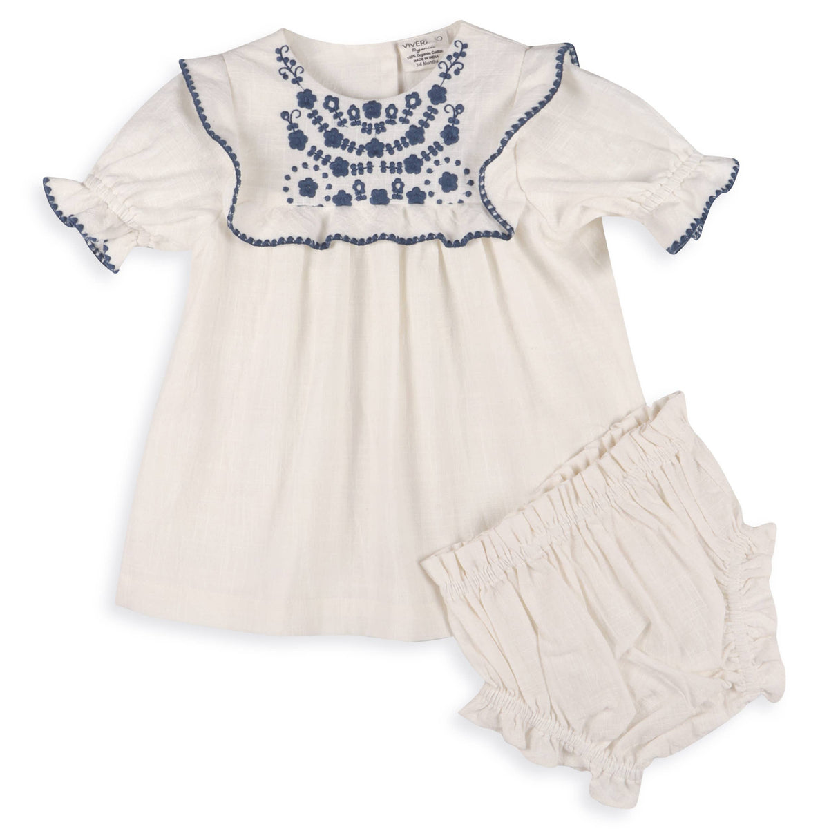 Cadence Floral Embroidered Baby Dress + Bloomer (Organic): Coconut Milk / 12-18M
