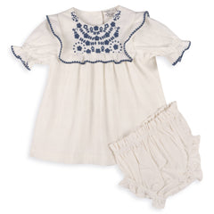Cadence Floral Embroidered Baby Dress + Bloomer (Organic): Coconut Milk / 18-24M