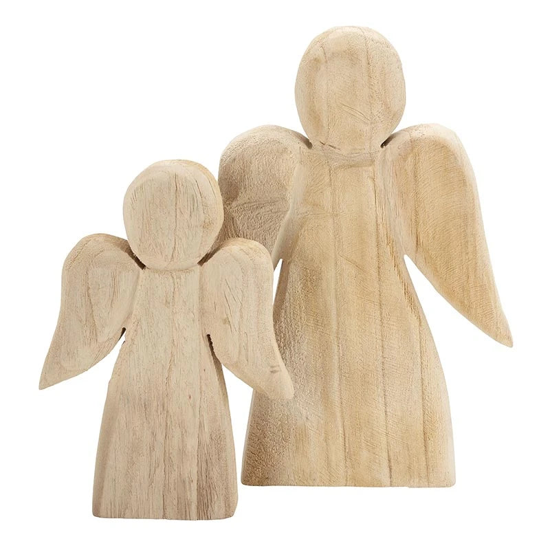 Natural Carved Wood Angel - Set of 2