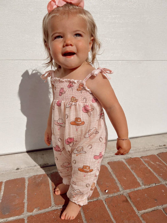 Western Pink / Muslin Smocked Jumpsuit: 3-6M