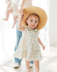 Harper Peter Pan Collar Floral Baby Flare Dress + Bloomer: Blue Floral/Natural / 3-6M