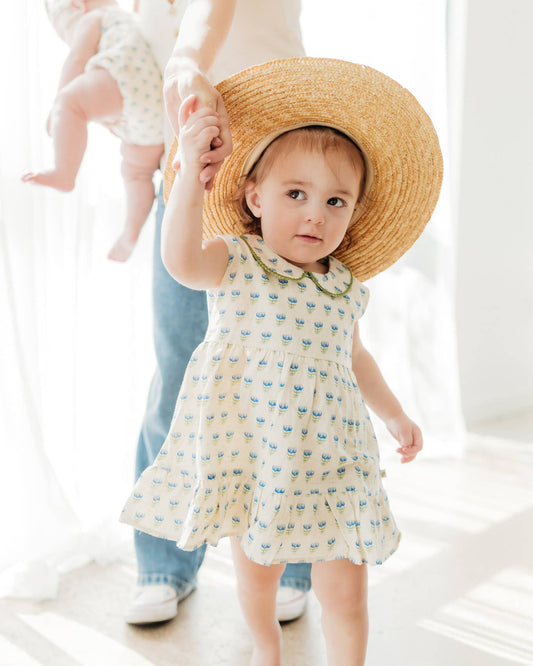Harper Peter Pan Collar Floral Baby Flare Dress + Bloomer: Blue Floral/Natural / 2T