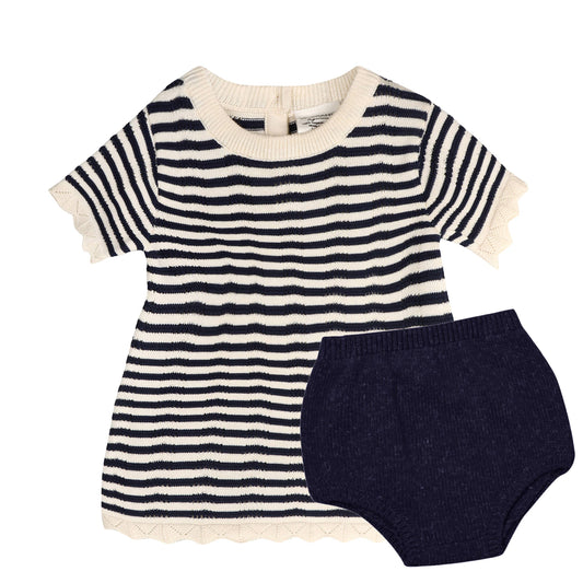 Pointelle & Navy Stripe Knit Tunic Dress & Bloomer (Organic): Natural/ Navy Combo / 12-18M