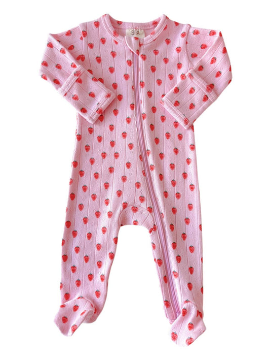 Pink Strawberry / Organic Pointelle 2-Way Zip Footie: 0-3M
