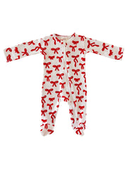 Red Bows / Organic Pointelle 2-Way Zip Footie: Newborn