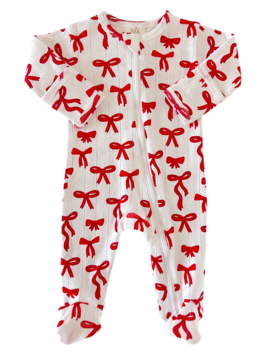 Red Bows / Organic Pointelle 2-Way Zip Footie: 3 - 6 mo.