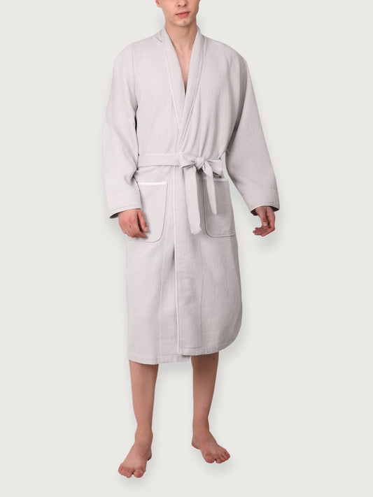 Men's Organic Waffle Weave Spa & Bath Robe (2 Colors): Pewter / White / S/M