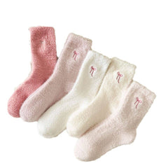 Winter Bow Embroidered Thick Plush Crew Socks DP25G601: Ivory / One Size