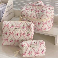 Bow Print Soft zipper Lid Make Up Bag: Pink / Large