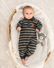 Bear Face Stripe & Collar Knit Baby Jumpsuit (Organic) : Charcoal / 0-3M